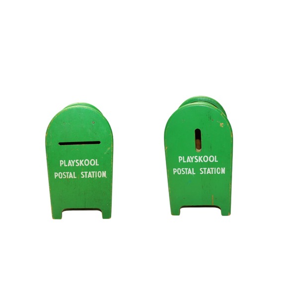 Vintage Playskool Postal Station Green Wooden Toy Mailbox with 6 Blocks - Picture 2 of 4